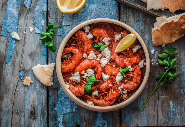 A bowl of Shrimp Saganaki.